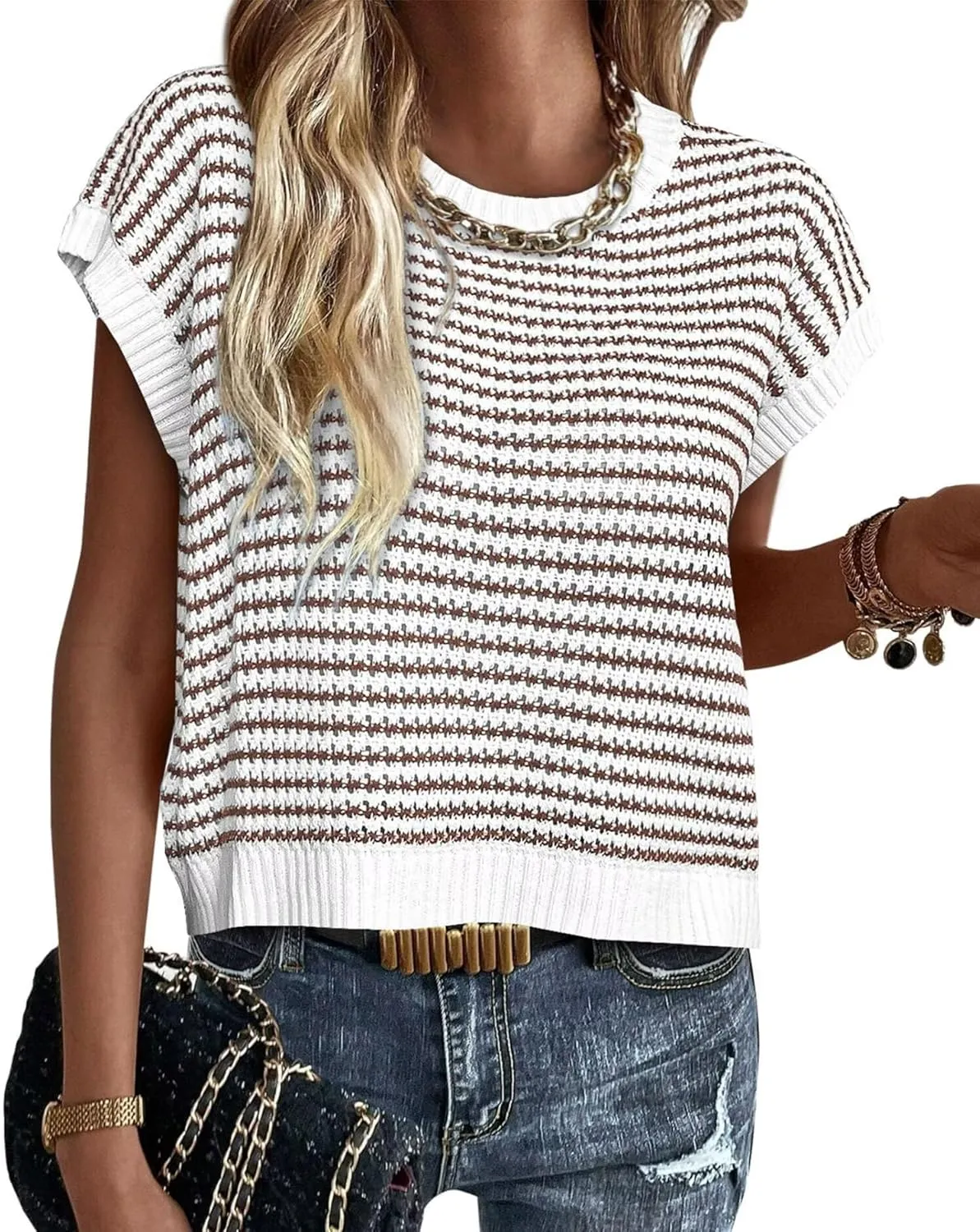 FEKOAFE Women's 2025 Crew Neck Striped Color Block Short Sleeve Knit Sweaters Fashion Spring Summer Pullovers Tops