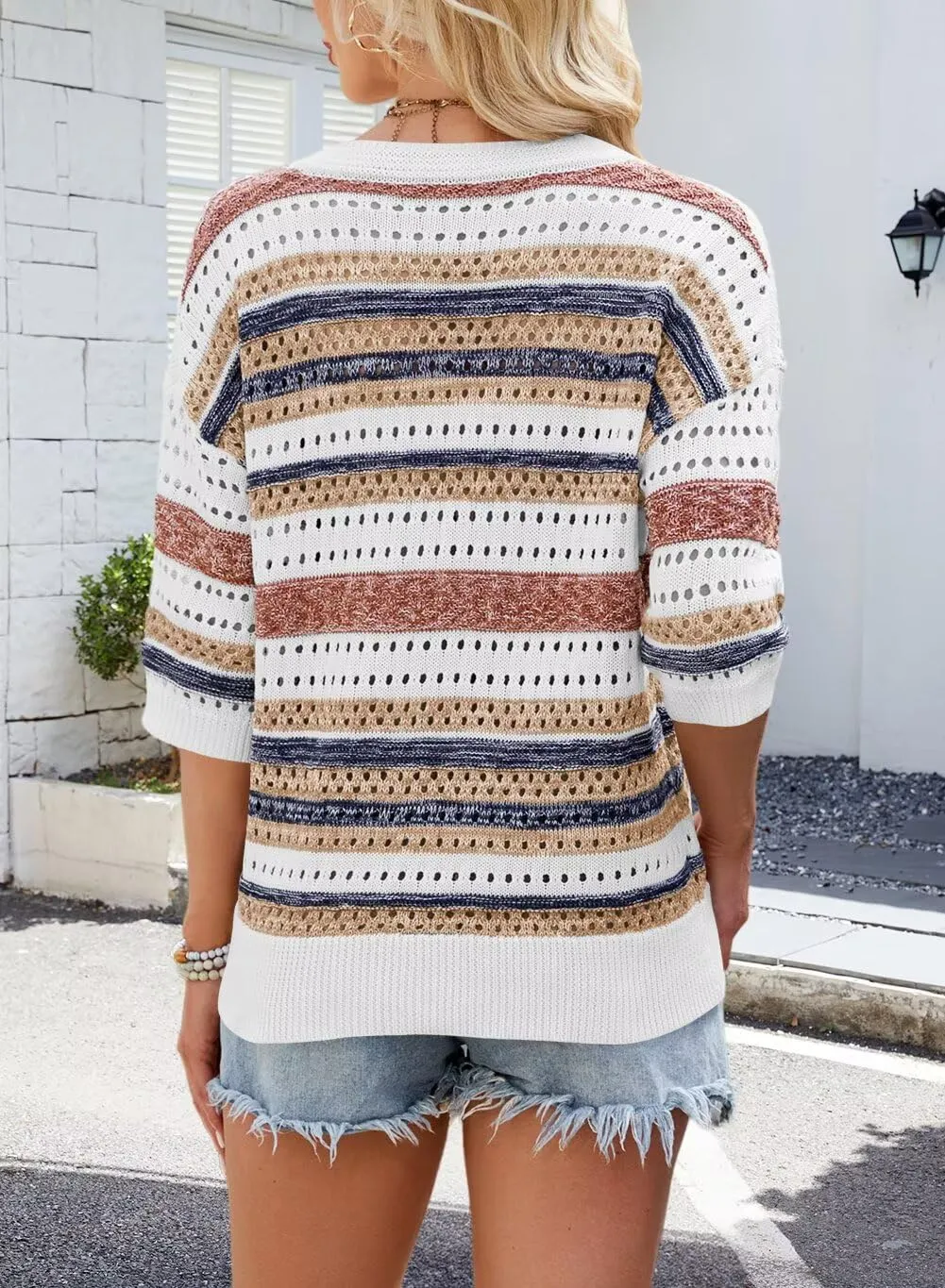 FEKOAFE Women's 2025 Spring Striped Color Block Short Sleeve Knit Sweaters Fashion V Neck Hollow Out Pullovers Tops
