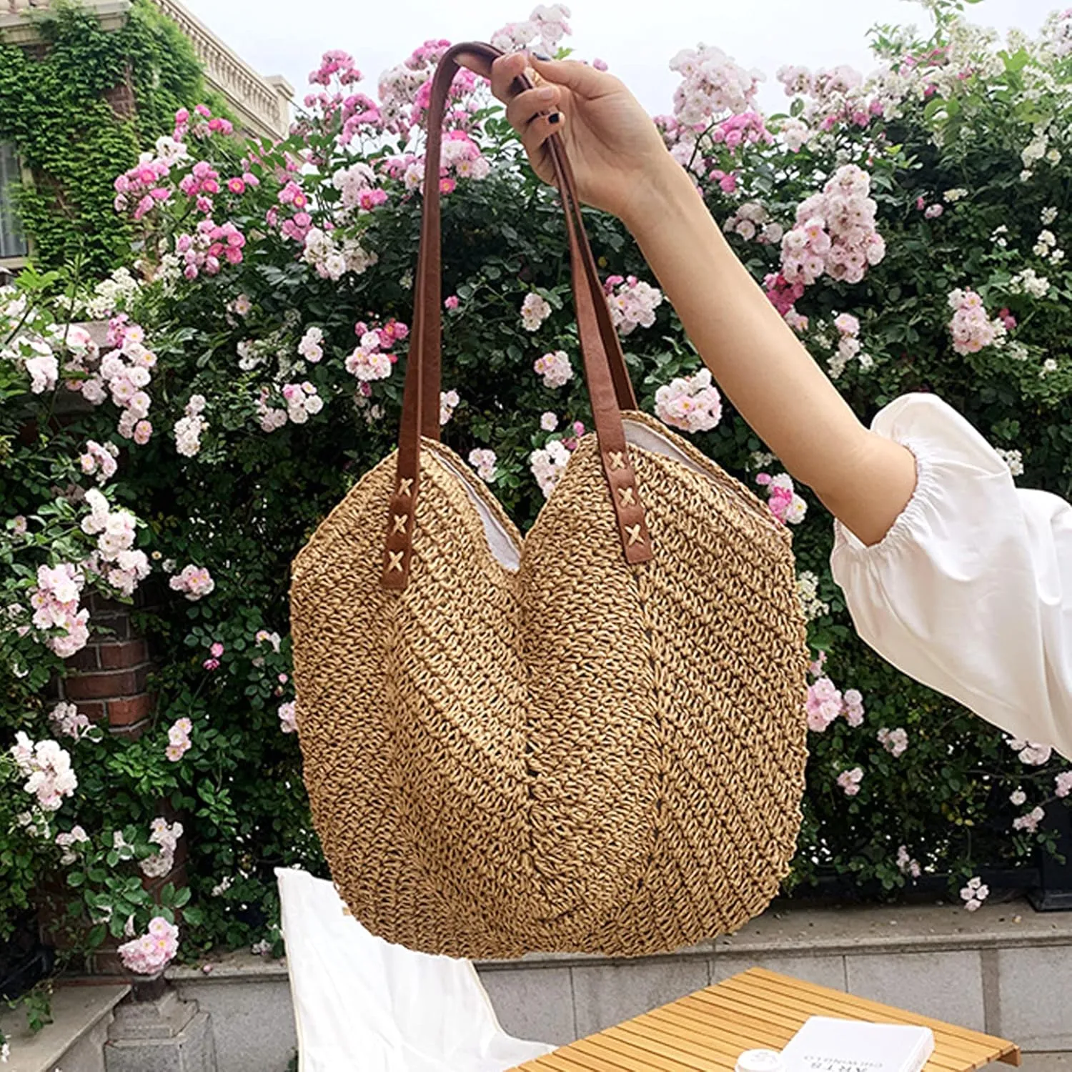 Felite Fnn Women Large Straw Woven Shoulder Bag Beach Travel Handbag Top-handle Bag Tote