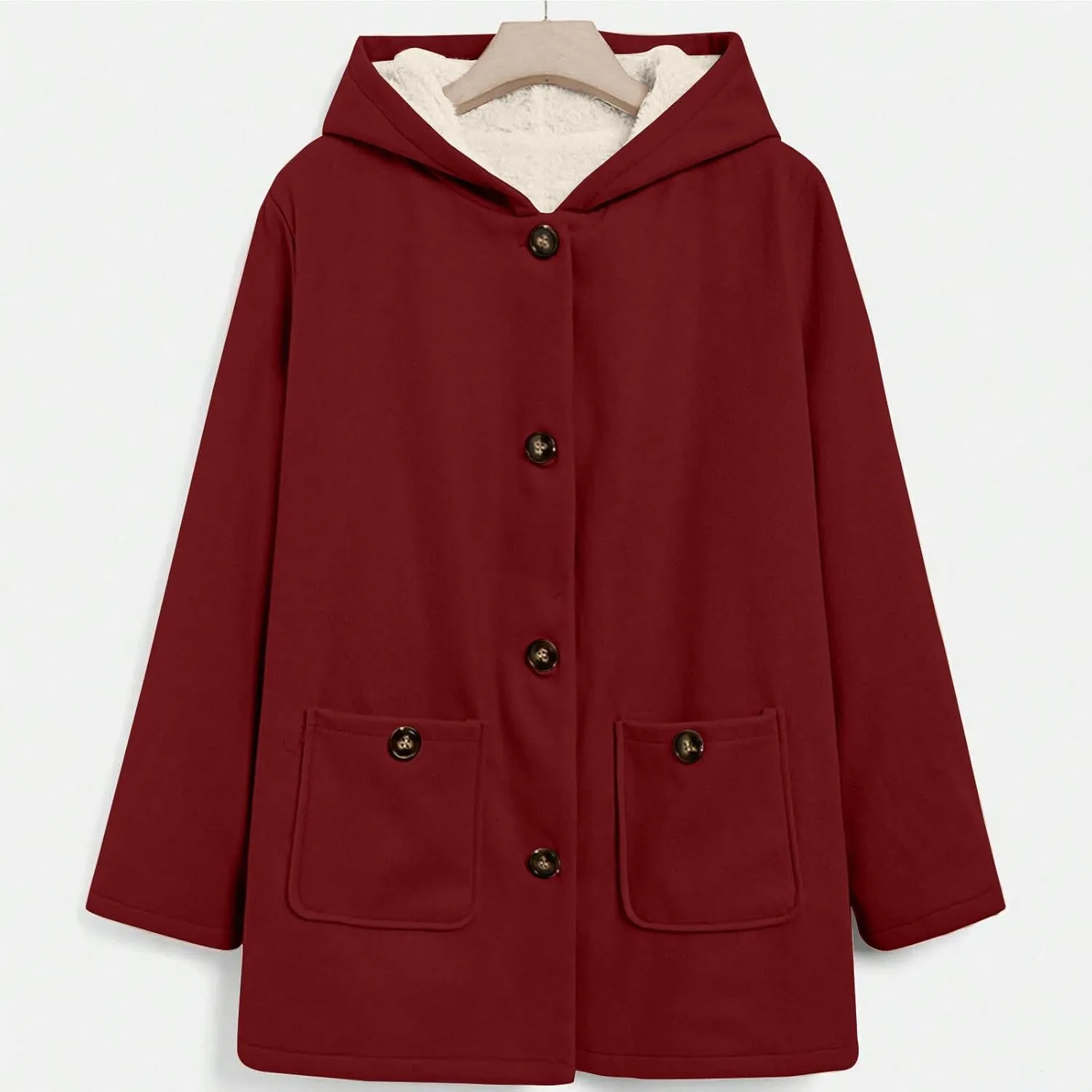 Fleece Jacket Women Solid Button Down Hooded Winter Coats Plush Long Sleeve Tops Blouse with Pockets Outerwear