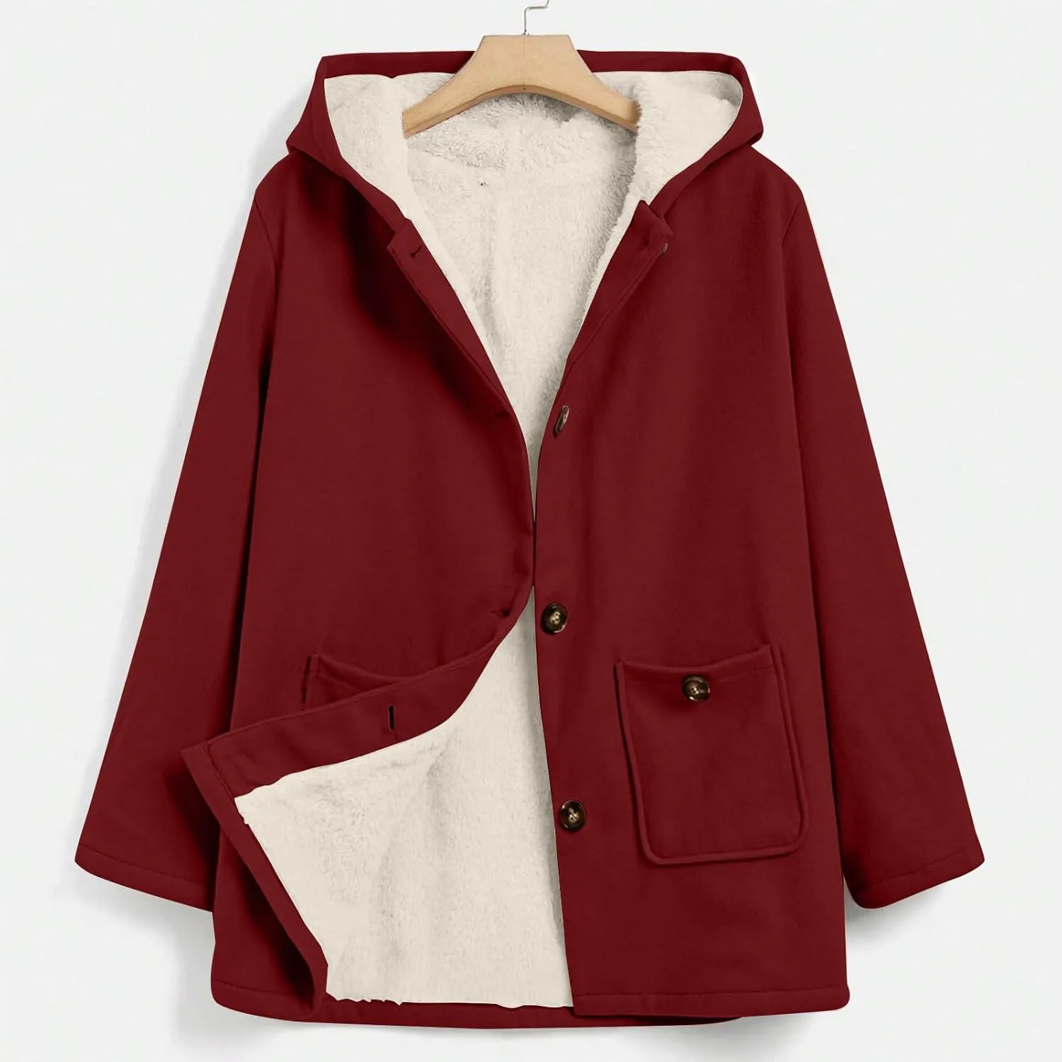Fleece Jacket Women Solid Button Down Hooded Winter Coats Plush Long Sleeve Tops Blouse with Pockets Outerwear