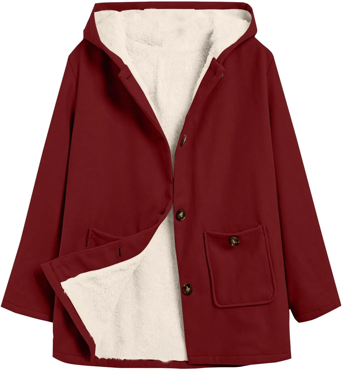 Fleece Jacket Women Solid Button Down Hooded Winter Coats Plush Long Sleeve Tops Blouse with Pockets Outerwear