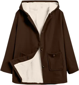 Fleece Jacket Women Solid Button Down Hooded Winter Coats Plush Long Sleeve Tops Blouse with Pockets Outerwear