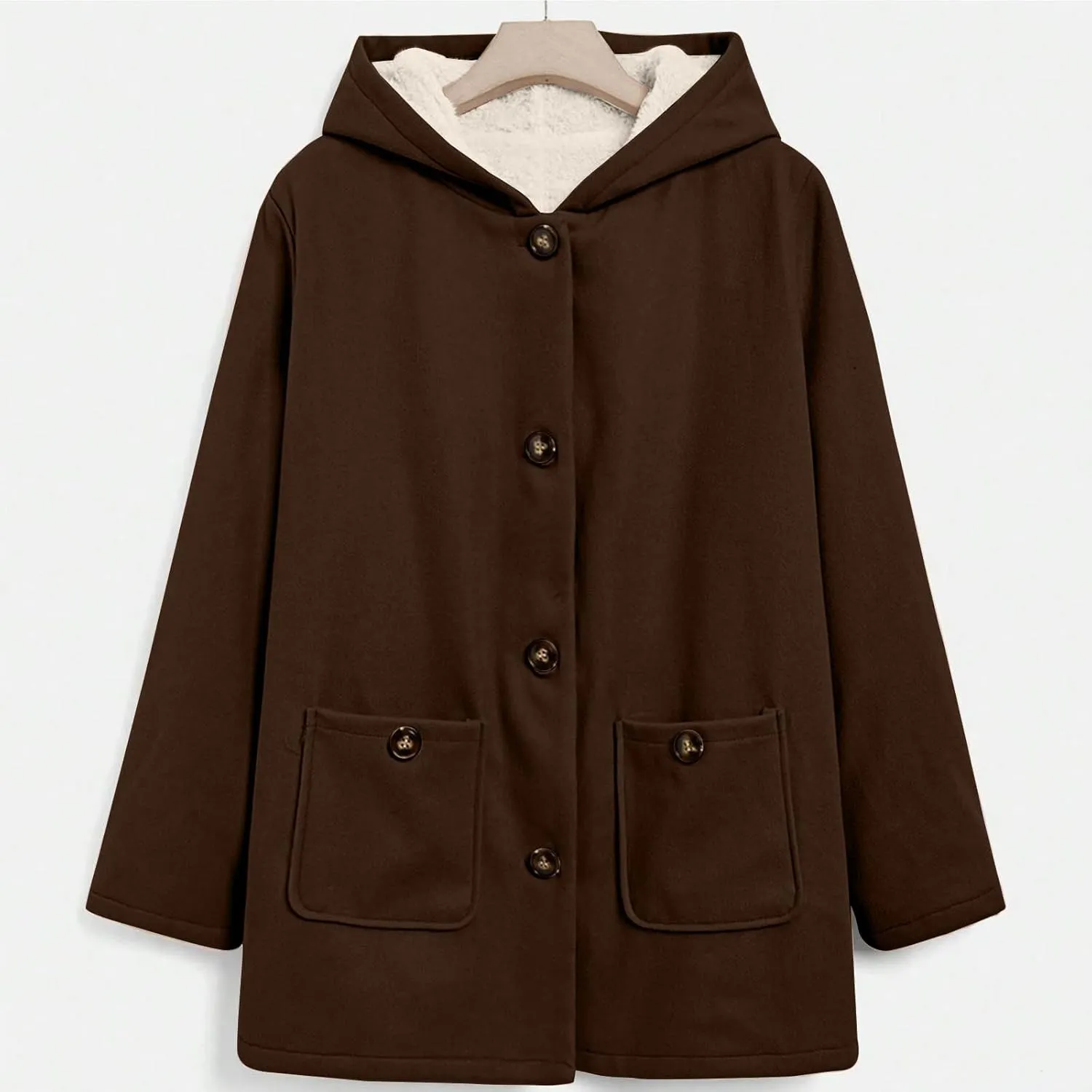 Fleece Jacket Women Solid Button Down Hooded Winter Coats Plush Long Sleeve Tops Blouse with Pockets Outerwear
