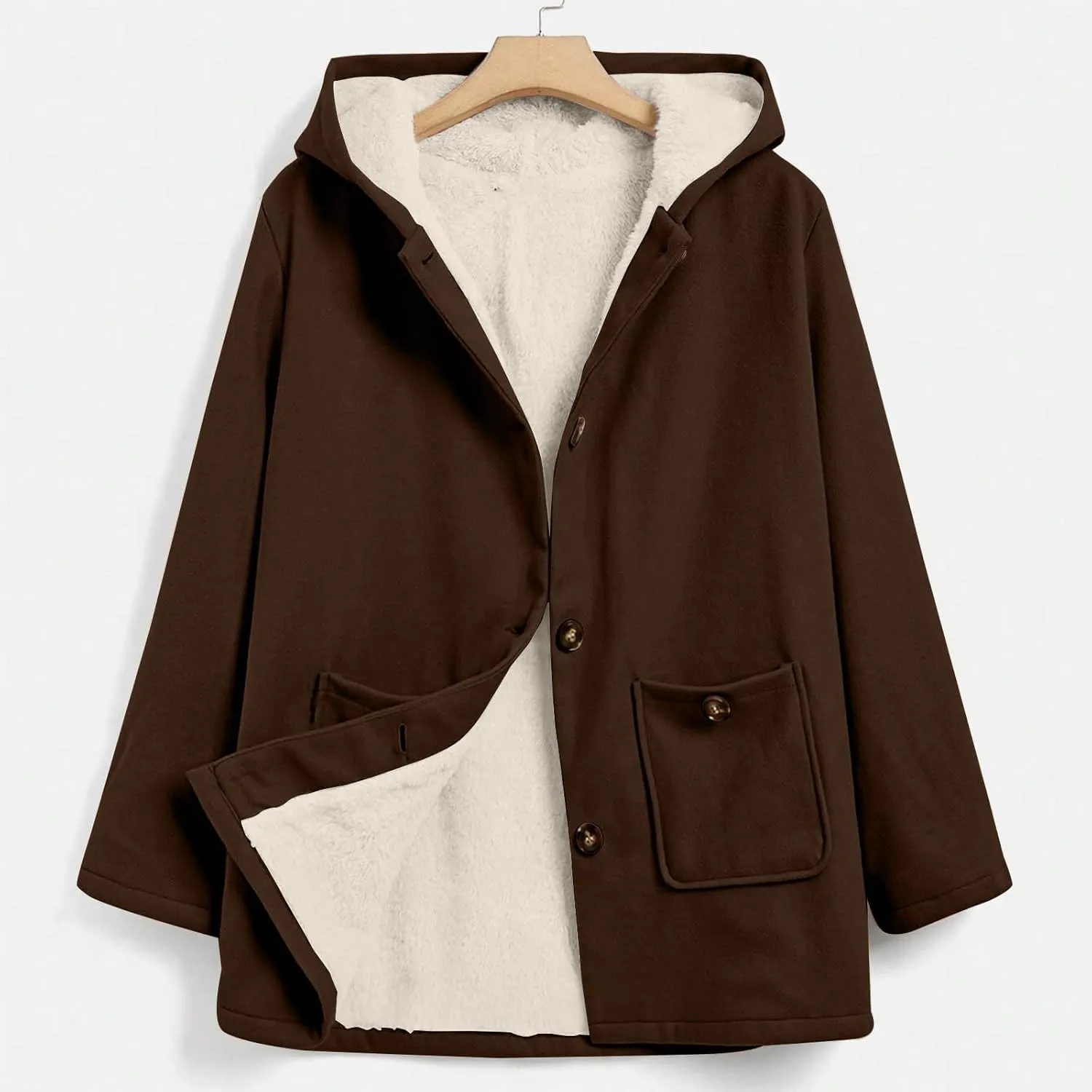 Fleece Jacket Women Solid Button Down Hooded Winter Coats Plush Long Sleeve Tops Blouse with Pockets Outerwear