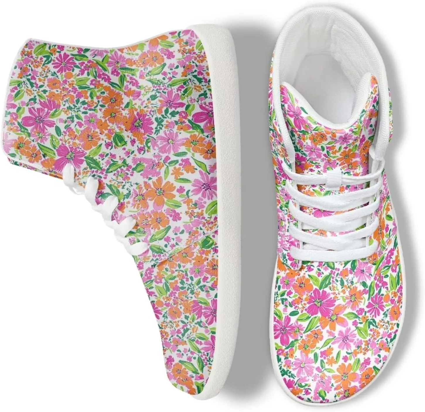 Floral Print Barefoot Sneakers for Women High Top PU Footwear Width Toe Anti-Skid Running Cross Training Shoes
