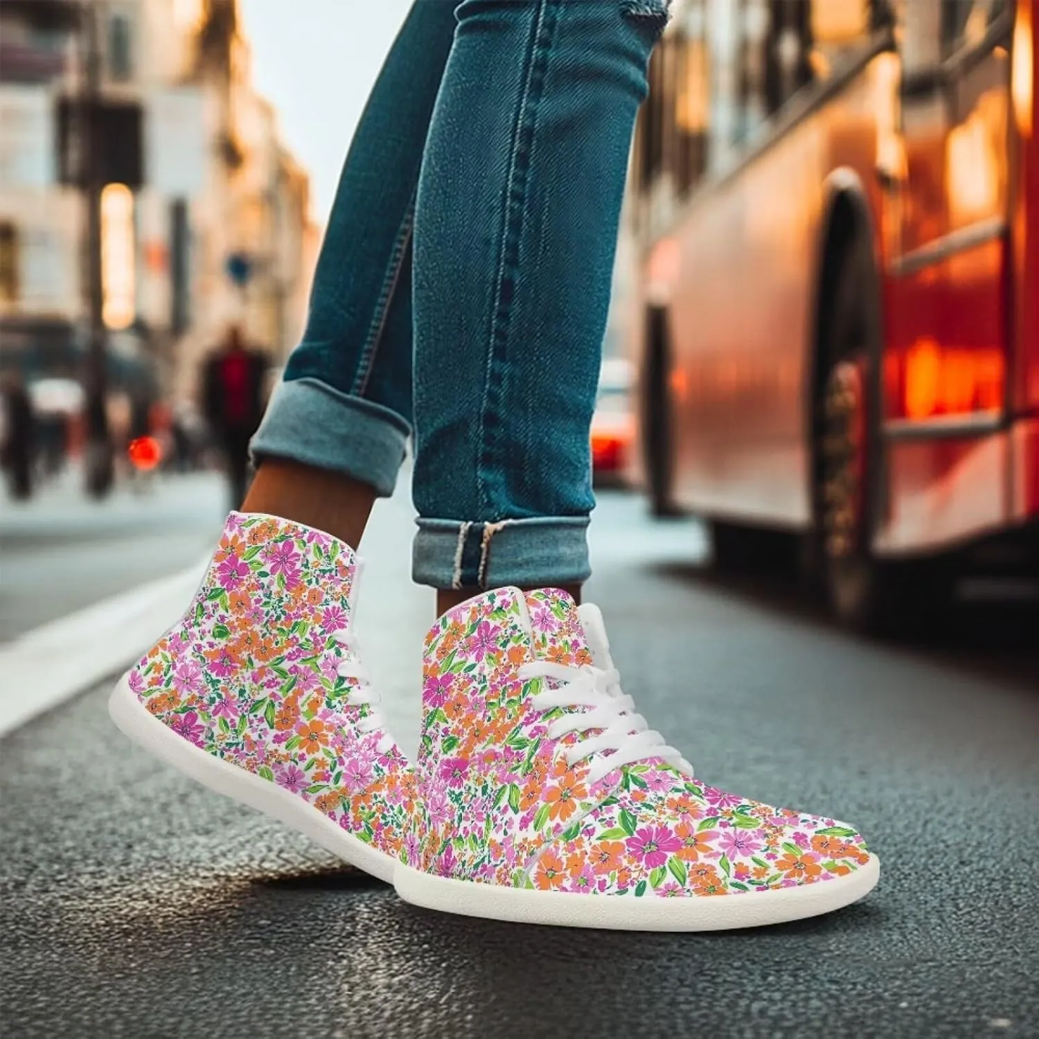 Floral Print Barefoot Sneakers for Women High Top PU Footwear Width Toe Anti-Skid Running Cross Training Shoes