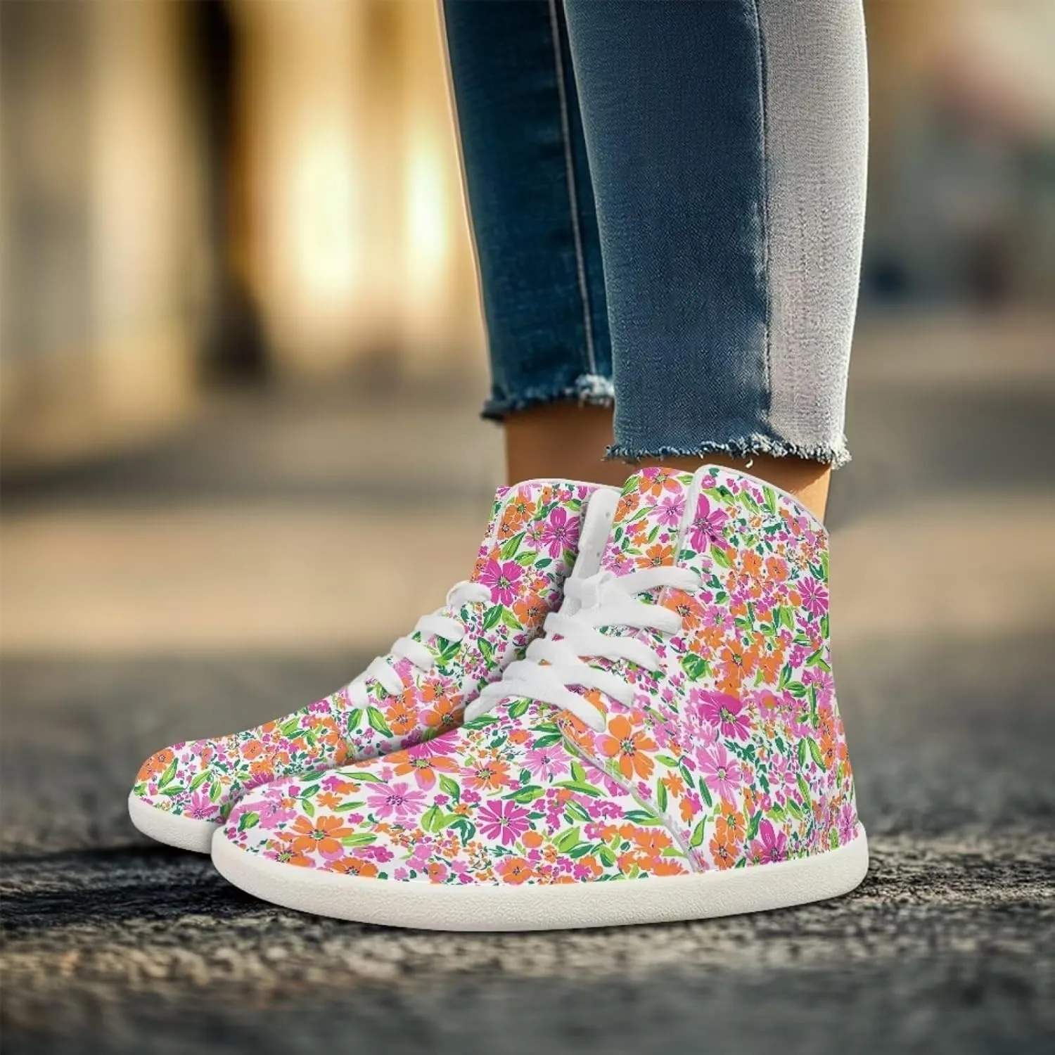 Floral Print Barefoot Sneakers for Women High Top PU Footwear Width Toe Anti-Skid Running Cross Training Shoes