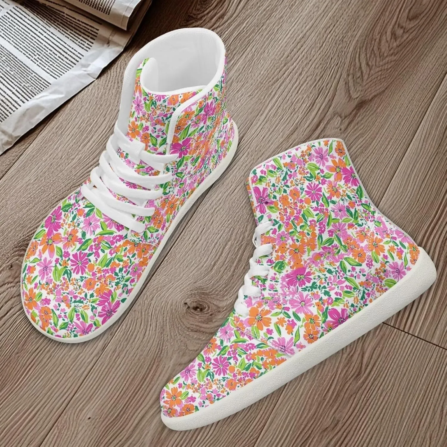 Floral Print Barefoot Sneakers for Women High Top PU Footwear Width Toe Anti-Skid Running Cross Training Shoes