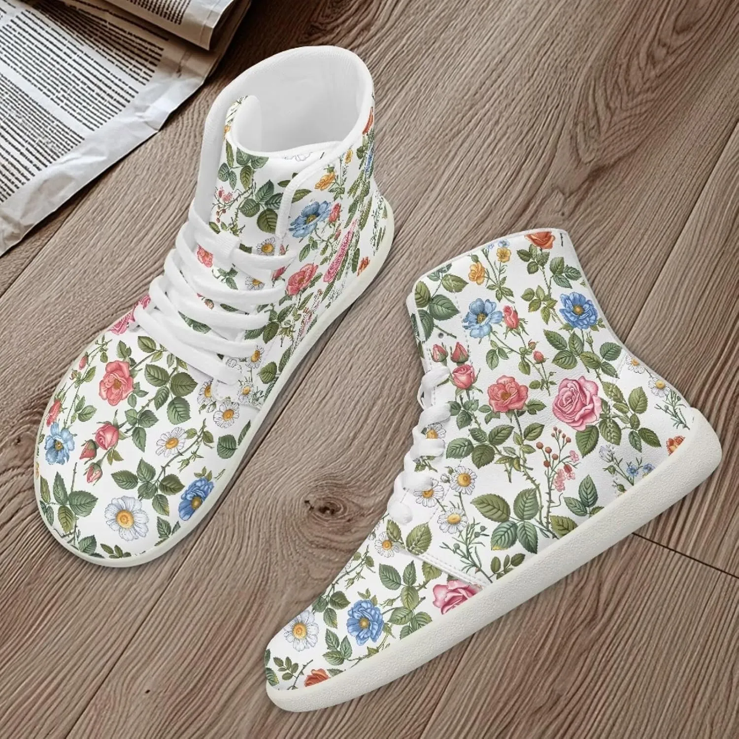 Floral Print Barefoot Sneakers for Women High Top PU Footwear Width Toe Anti-Skid Running Cross Training Shoes