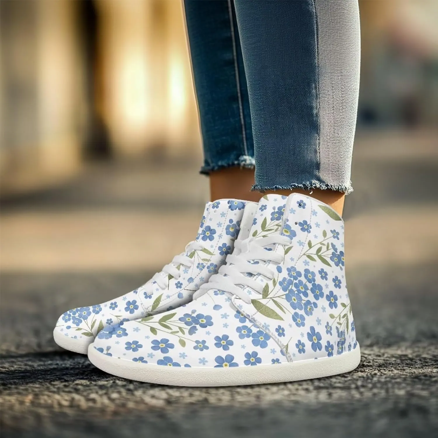 Floral Print Barefoot Sneakers for Women High Top PU Footwear Width Toe Anti-Skid Running Cross Training Shoes