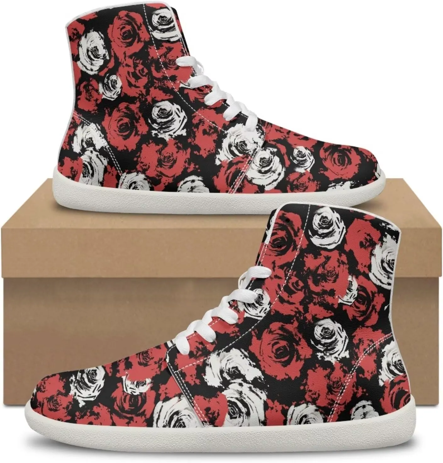 Floral Print Barefoot Sneakers for Women High Top PU Footwear Width Toe Anti-Skid Running Cross Training Shoes