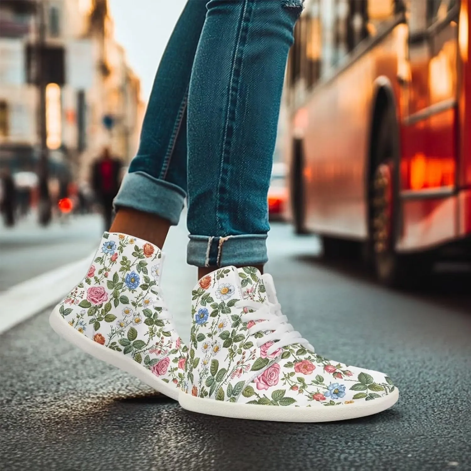 Floral Print Barefoot Sneakers for Women High Top PU Footwear Width Toe Anti-Skid Running Cross Training Shoes
