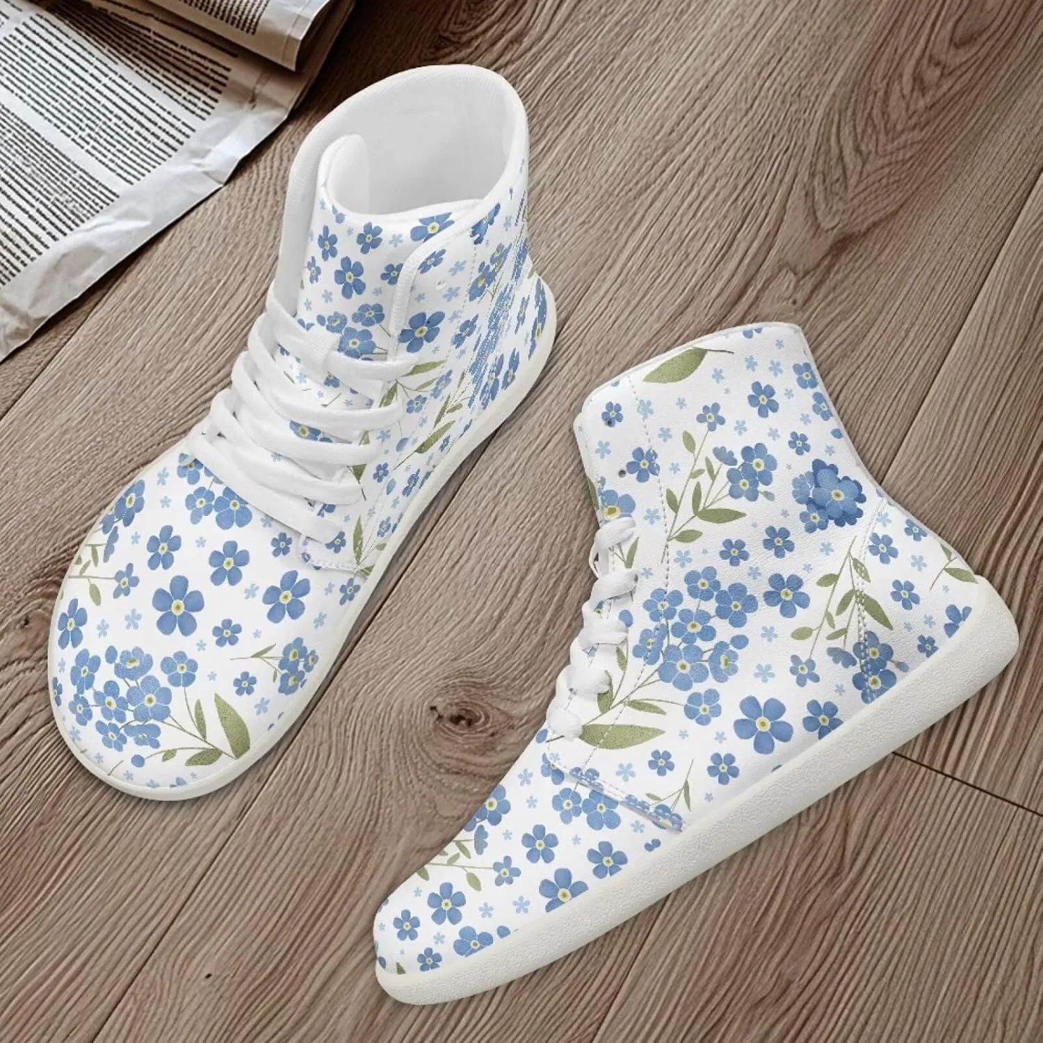 Floral Print Barefoot Sneakers for Women High Top PU Footwear Width Toe Anti-Skid Running Cross Training Shoes