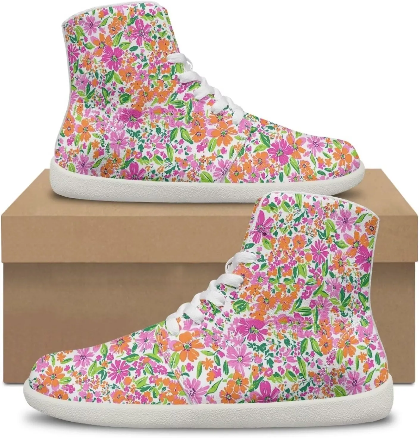 Floral Print Barefoot Sneakers for Women High Top PU Footwear Width Toe Anti-Skid Running Cross Training Shoes