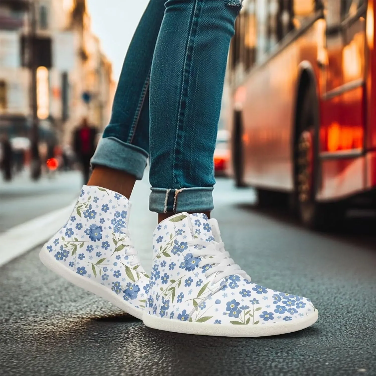 Floral Print Barefoot Sneakers for Women High Top PU Footwear Width Toe Anti-Skid Running Cross Training Shoes