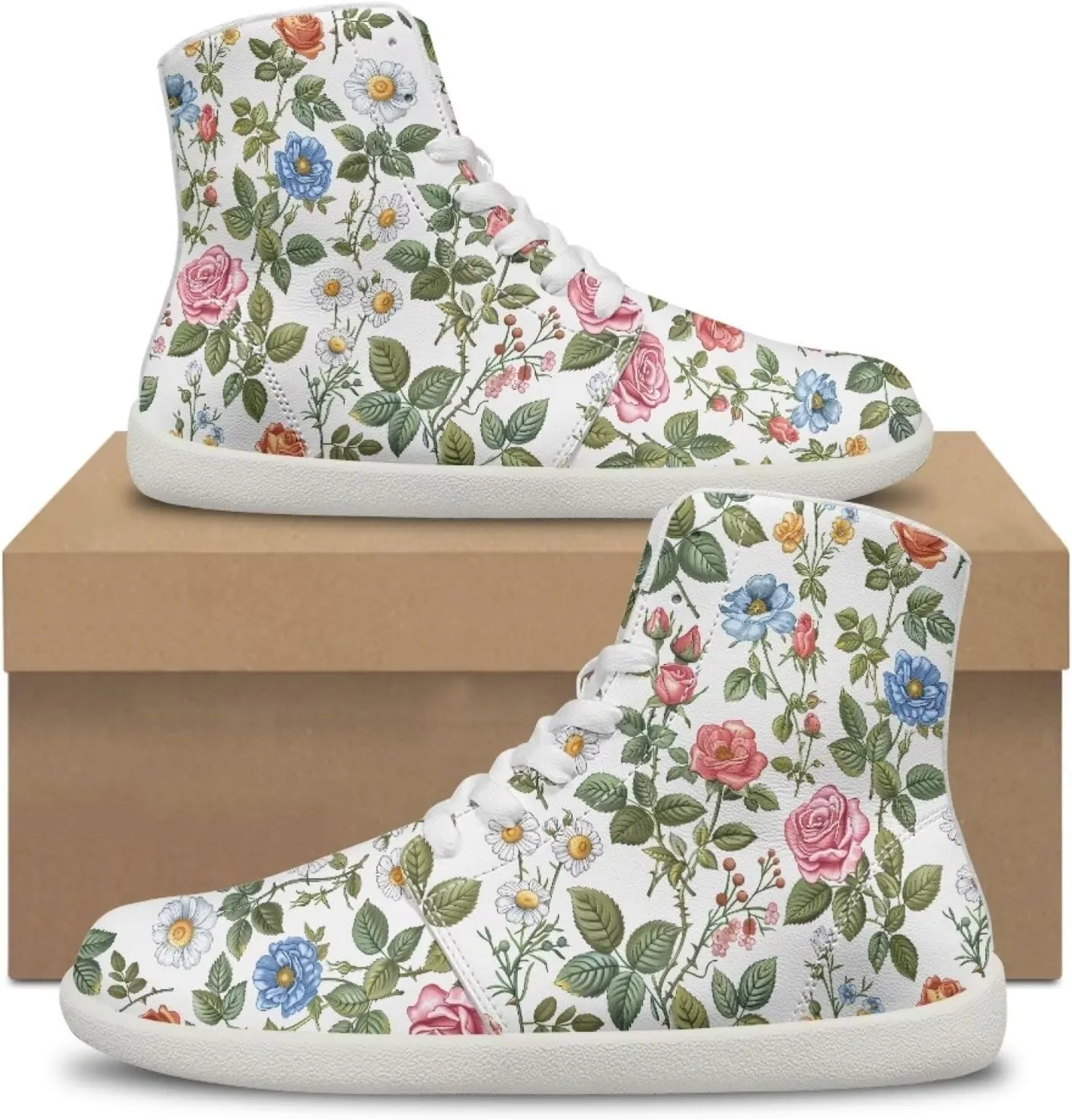 Floral Print Barefoot Sneakers for Women High Top PU Footwear Width Toe Anti-Skid Running Cross Training Shoes