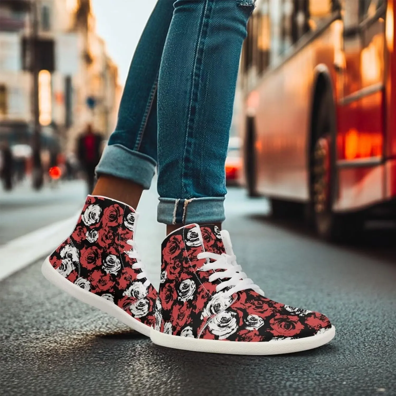 Floral Print Barefoot Sneakers for Women High Top PU Footwear Width Toe Anti-Skid Running Cross Training Shoes
