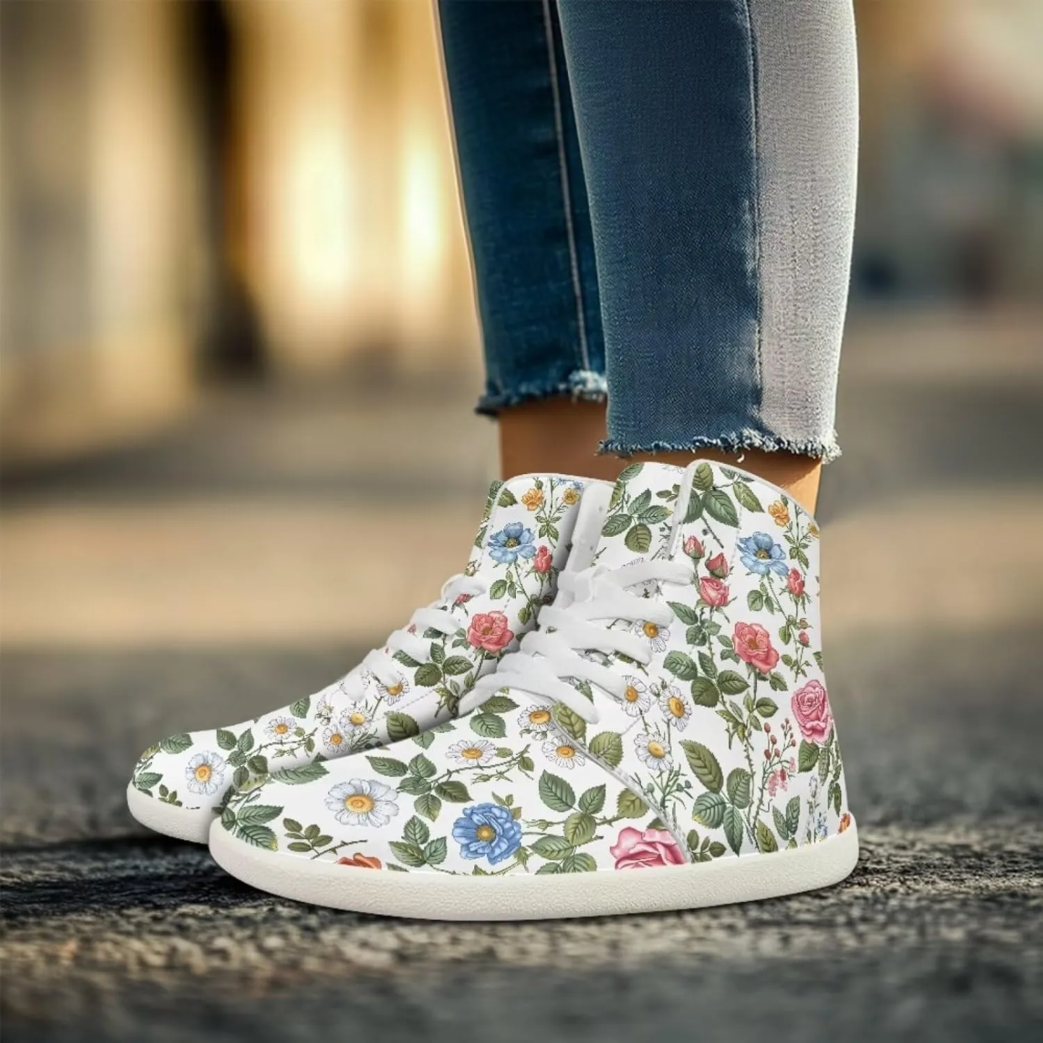 Floral Print Barefoot Sneakers for Women High Top PU Footwear Width Toe Anti-Skid Running Cross Training Shoes