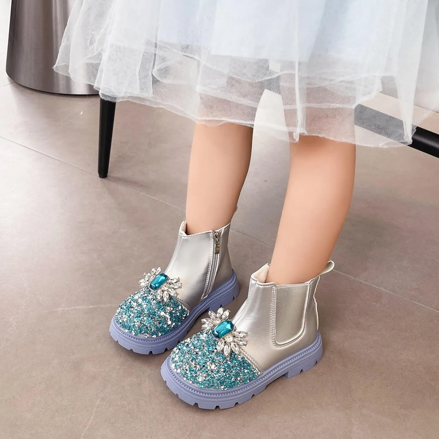 Flower Girls hinestone Ankle Boots Jewelry Decoration Sequin Sparkly rystal Rain Boots for Girls Size 4