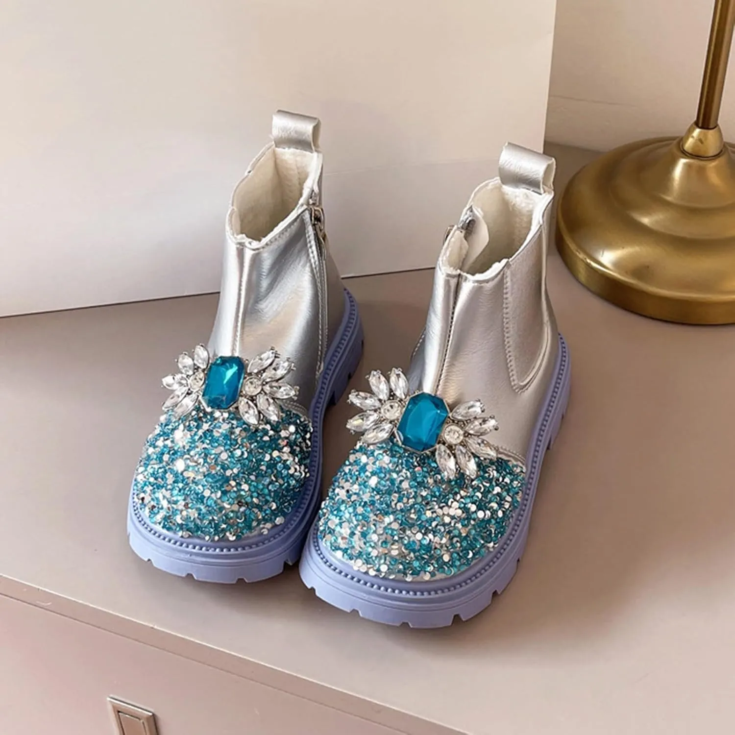 Flower Girls hinestone Ankle Boots Jewelry Decoration Sequin Sparkly rystal Rain Boots for Girls Size 4