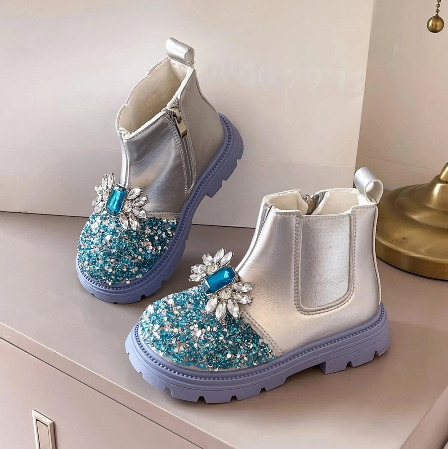 Flower Girls hinestone Ankle Boots Jewelry Decoration Sequin Sparkly rystal Rain Boots for Girls Size 4