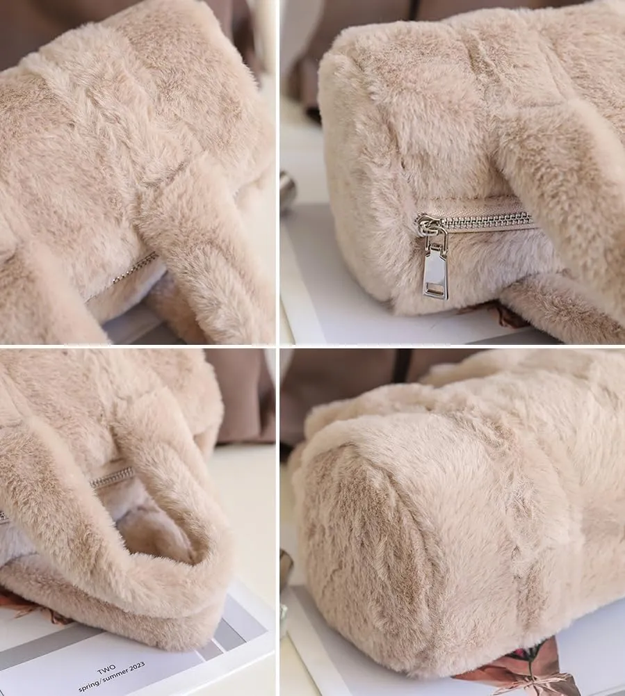 Fluffy Purse for Women Furry Cylindrical Handbag Faux Fur Small Totes Cute Fuzzy Ladies Purse Satchel for Winter Fall