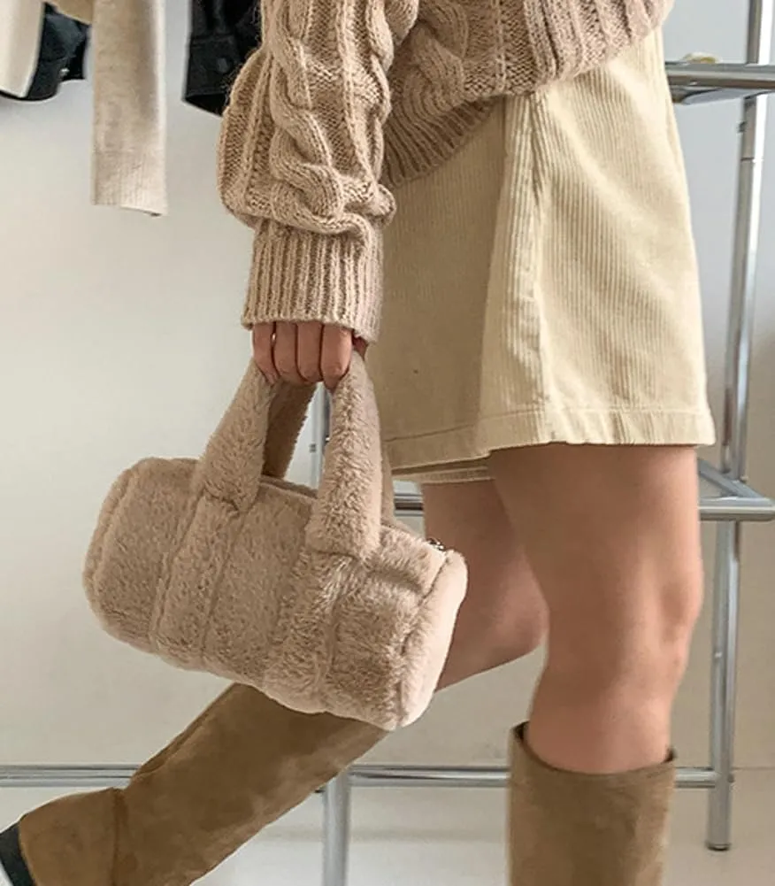 Fluffy Purse for Women Furry Cylindrical Handbag Faux Fur Small Totes Cute Fuzzy Ladies Purse Satchel for Winter Fall