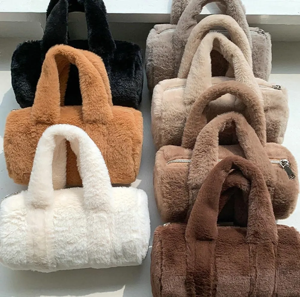 Fluffy Purse for Women Furry Cylindrical Handbag Faux Fur Small Totes Cute Fuzzy Ladies Purse Satchel for Winter Fall