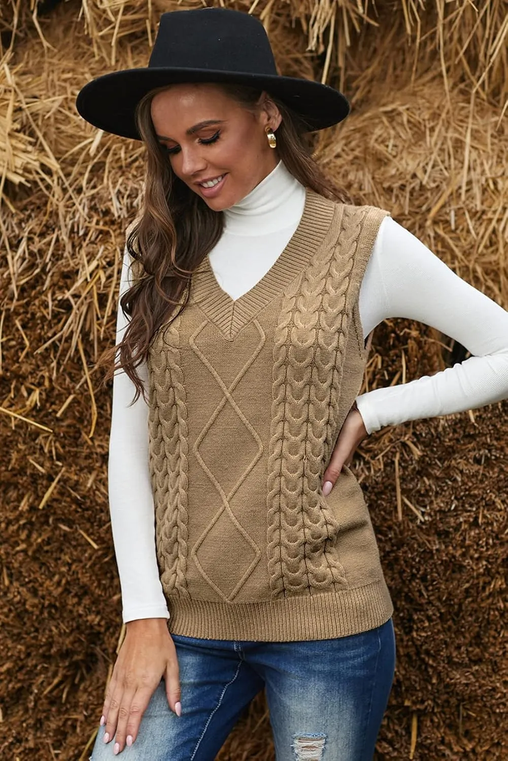 Flygo Women's Loose V Neck Twist Cable Knitted Uniform Sleeveless Sweater Vests Tops