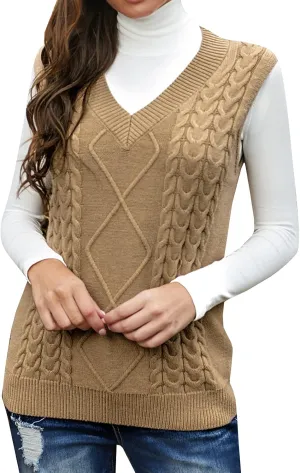 Flygo Women's Loose V Neck Twist Cable Knitted Uniform Sleeveless Sweater Vests Tops