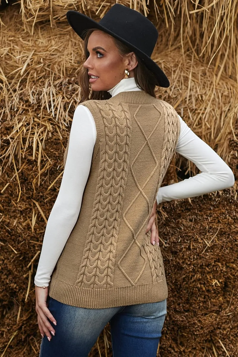 Flygo Women's Loose V Neck Twist Cable Knitted Uniform Sleeveless Sweater Vests Tops