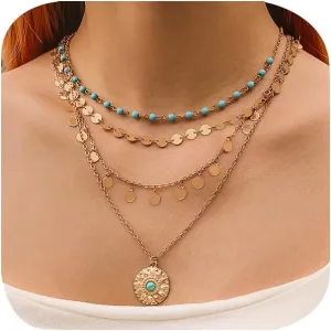 FLYYQMIAO 4-Layer Layered Initial Necklaces for Women 14K Gold Plated Paperclip Chain Coin Strand Choker Helios Pendant Necklaces Water Drop Crystal Wafer Layering Choker Tassel Necklaces(Blue Bead)
