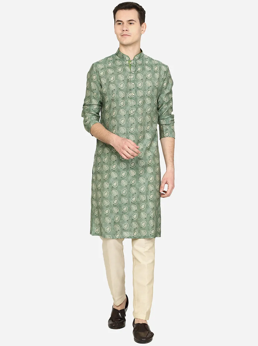 Forest Green Printed Cotton Blend Kurta | The Kurta Company