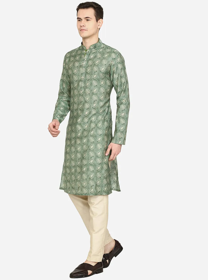 Forest Green Printed Cotton Blend Kurta | The Kurta Company