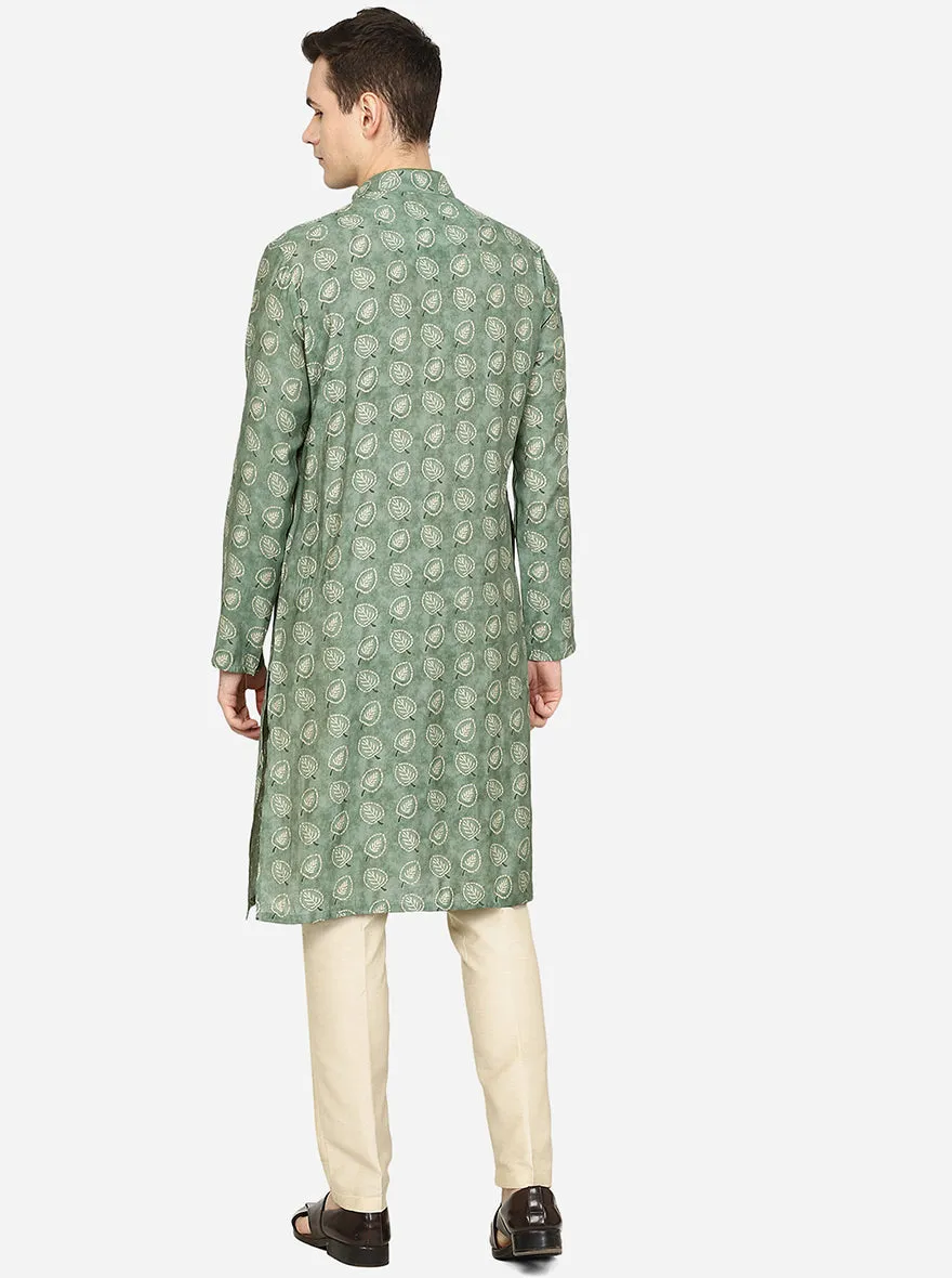 Forest Green Printed Cotton Blend Kurta | The Kurta Company