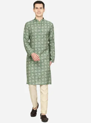 Forest Green Printed Cotton Blend Kurta | The Kurta Company