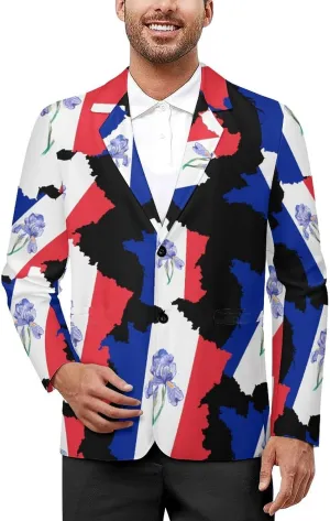 French Map Iris Odorifera French Flag Men's Double Button Lapel Casual Blazer Suit Jacket Lightweight Business Jacket