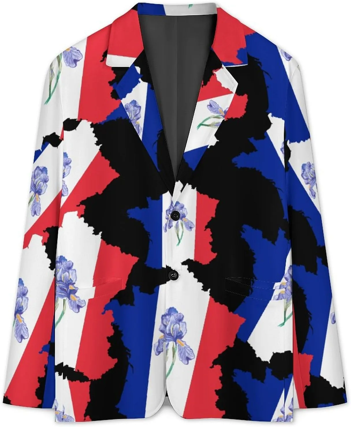 French Map Iris Odorifera French Flag Men's Double Button Lapel Casual Blazer Suit Jacket Lightweight Business Jacket