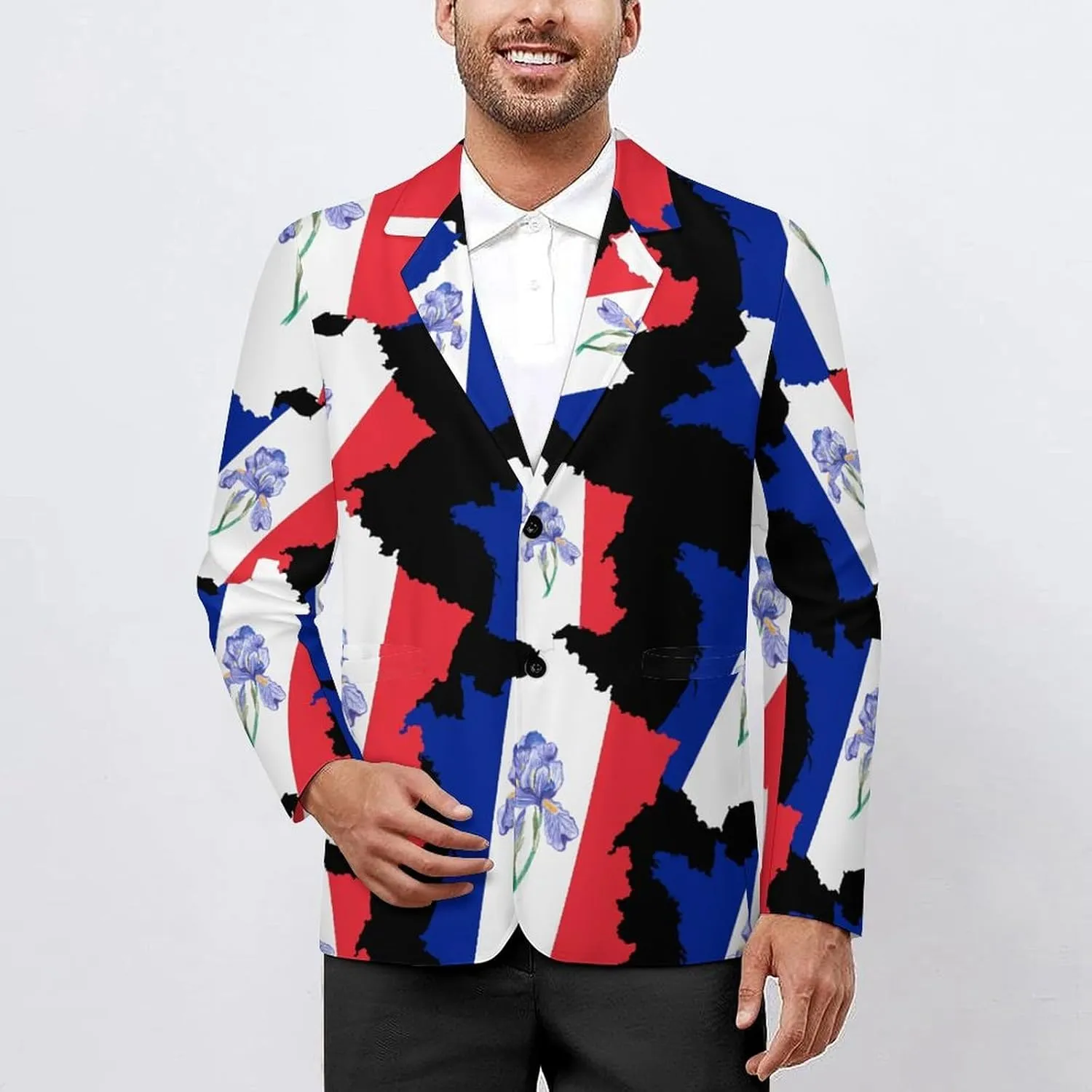 French Map Iris Odorifera French Flag Men's Double Button Lapel Casual Blazer Suit Jacket Lightweight Business Jacket
