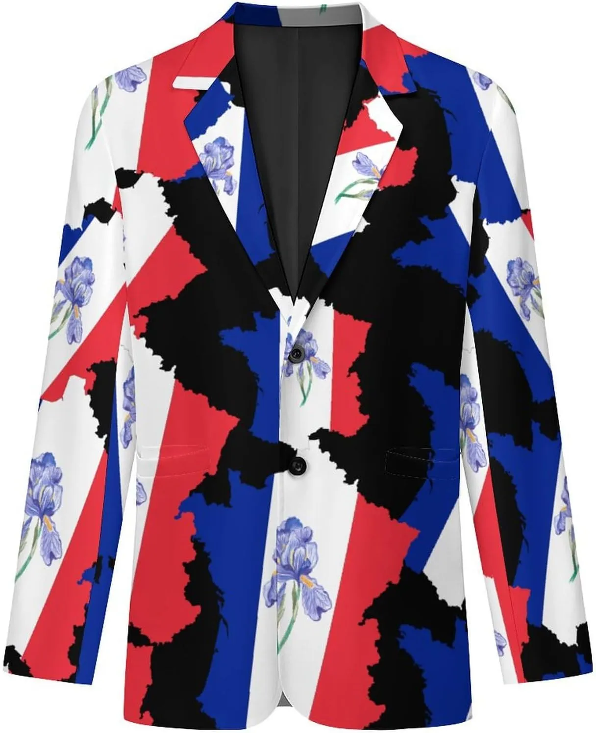 French Map Iris Odorifera French Flag Men's Double Button Lapel Casual Blazer Suit Jacket Lightweight Business Jacket