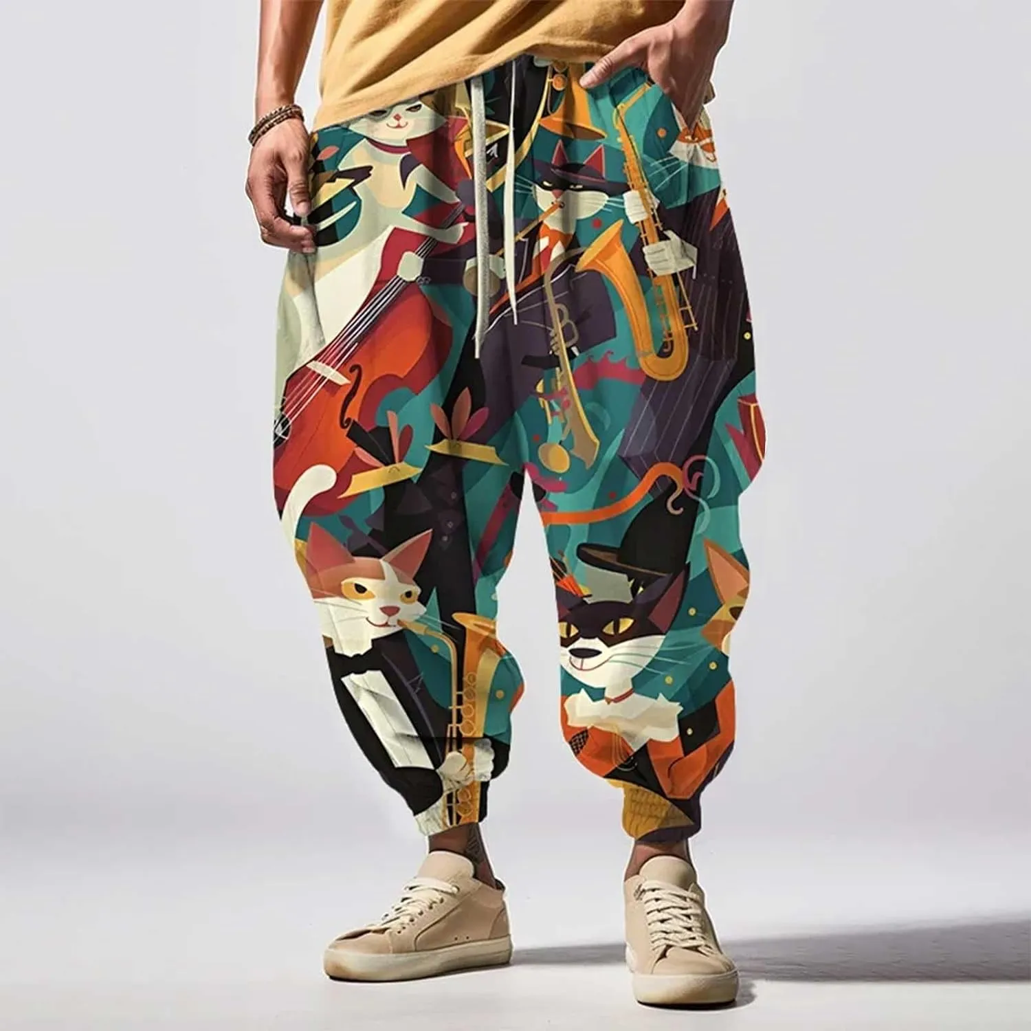 Funny Pattern Hippie Harem Pants for Men Baggy Loose Yoga Lounge Pants Hip Hop Aladdin Boho Drop Crotch Trousers