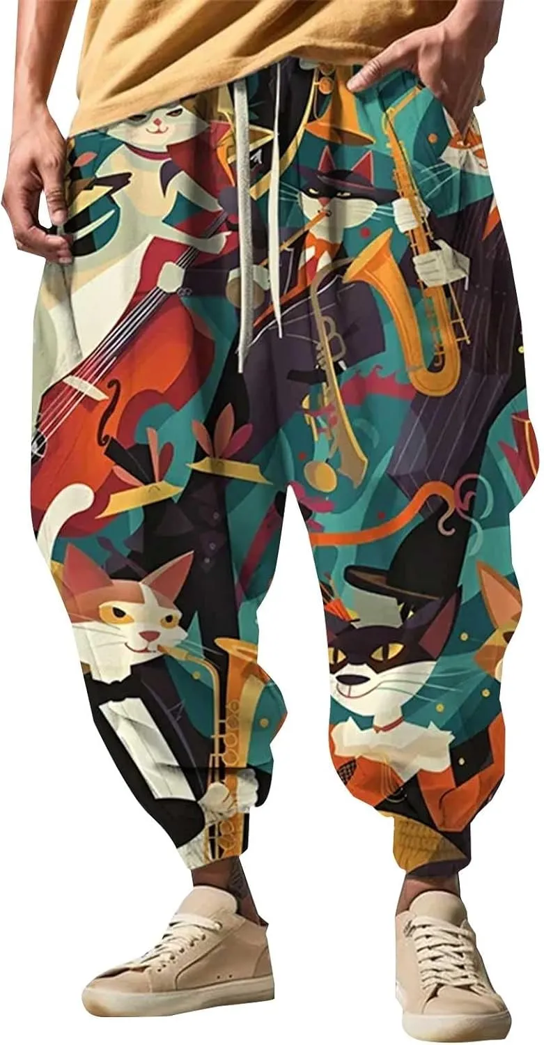 Funny Pattern Hippie Harem Pants for Men Baggy Loose Yoga Lounge Pants Hip Hop Aladdin Boho Drop Crotch Trousers