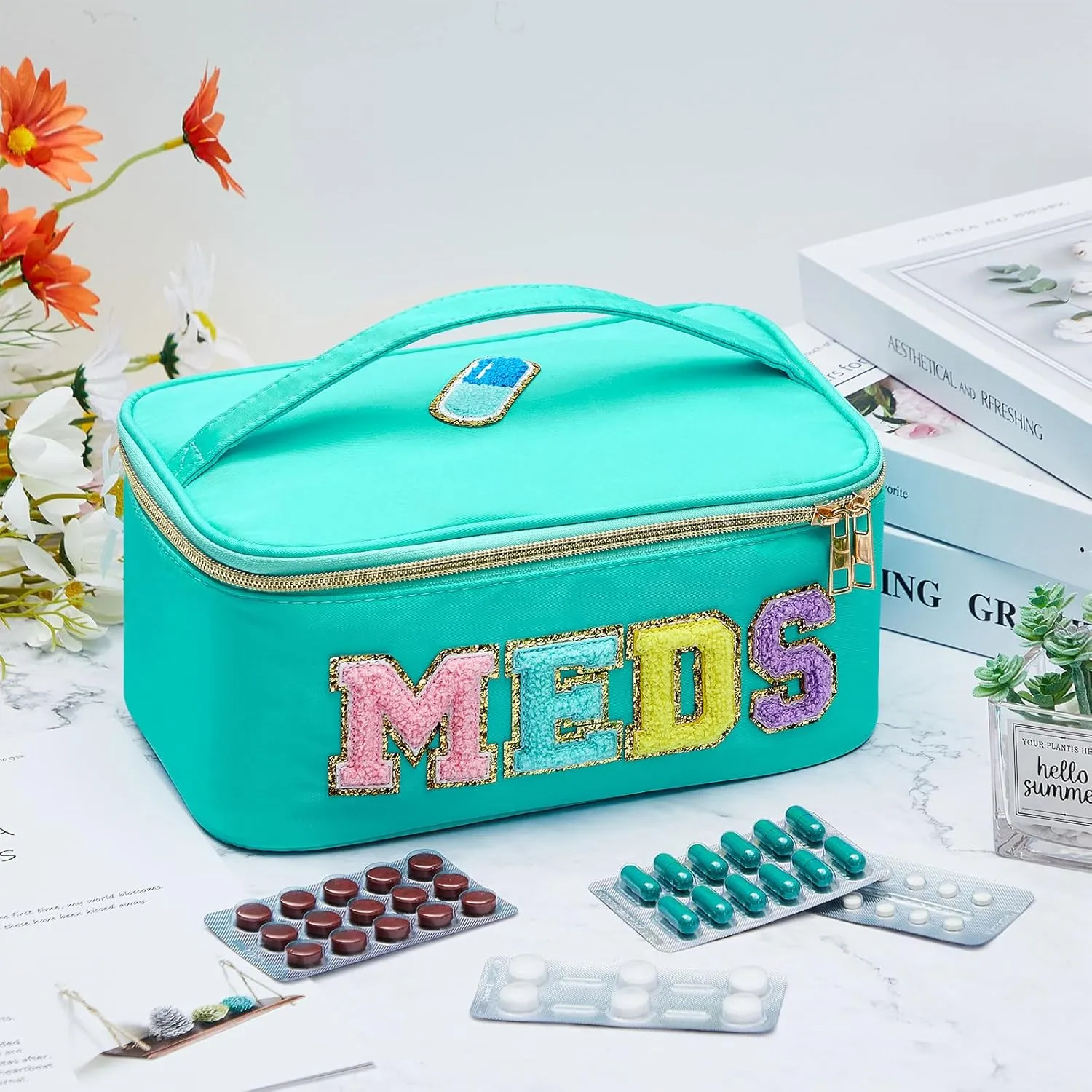 Geetery Chenille Letter Bag Nylon Meds Makeup Cases Preppy Patch with Zipper, Portable Cosmetic Toiletry Storage Bag for Women(Green)