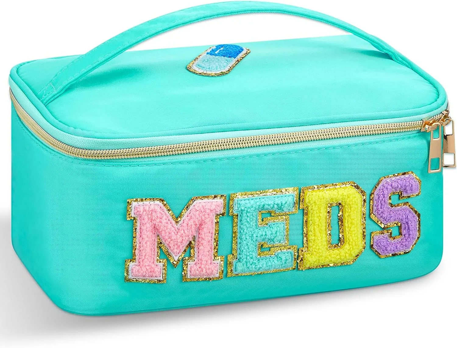 Geetery Chenille Letter Bag Nylon Meds Makeup Cases Preppy Patch with Zipper, Portable Cosmetic Toiletry Storage Bag for Women(Green)