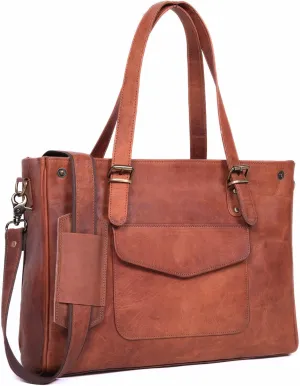 Genuine Leather Laptop Bag for Women - Large Brown Work Tote, Messenger Bag, and Briefcase with Laptop Compartment & Zipper - 16-inch Womens Leather Computer Bag Fits 15.6-inch Laptop