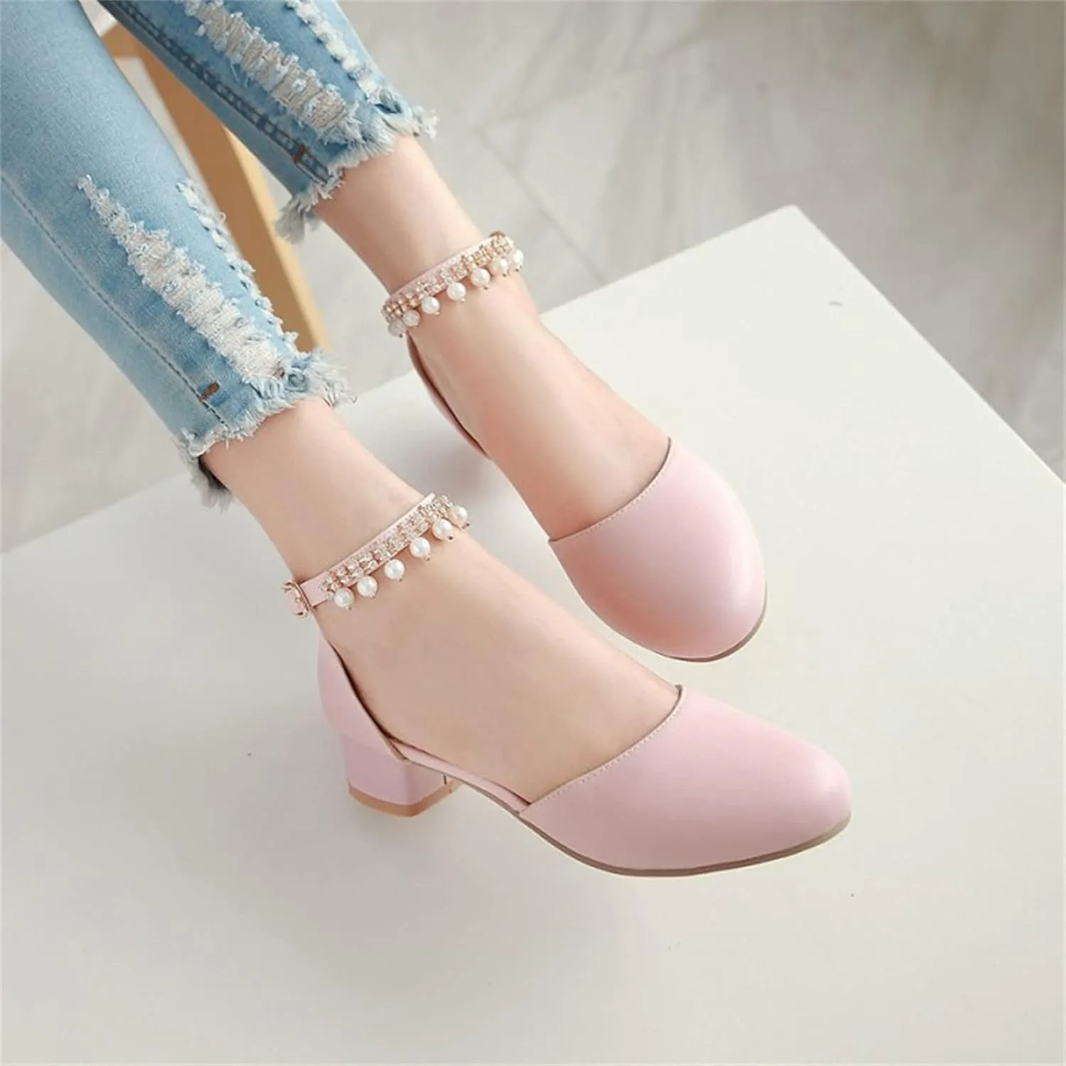 Girl's Low Heel Dress Pumps Mary Jane Dress Shoes Pearls Flower Girl Wedding Party Shoes Toddler Sandals
