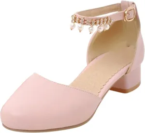 Girl's Low Heel Dress Pumps Mary Jane Dress Shoes Pearls Flower Girl Wedding Party Shoes Toddler Sandals