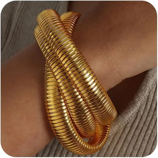 Gold Bangles for Women Flexible Wide Wristband Bracelets Multi-layer Snake Chain Bracelet Chunky Stainless Steel Non Tarnish Chain Bracelets Elastic Thick Stack Bracelet Trendy Twisted Jewelry