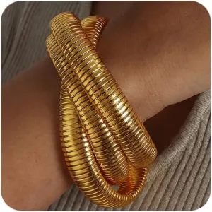 Gold Bangles for Women Flexible Wide Wristband Bracelets Multi-layer Snake Chain Bracelet Chunky Stainless Steel Non Tarnish Chain Bracelets Elastic Thick Stack Bracelet Trendy Twisted Jewelry